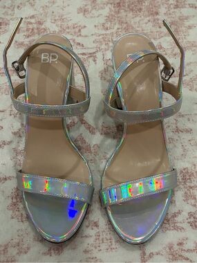 BP Holographic Strap Block Heels in Silver